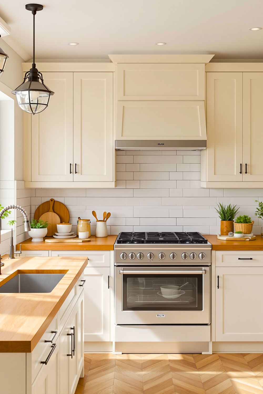 (Image: A kitchen concept with creamy white Shaker cabinets, an oak butcher block countertop, and a white subway tile backsplash. Created by Ruby Nguyen via AI)