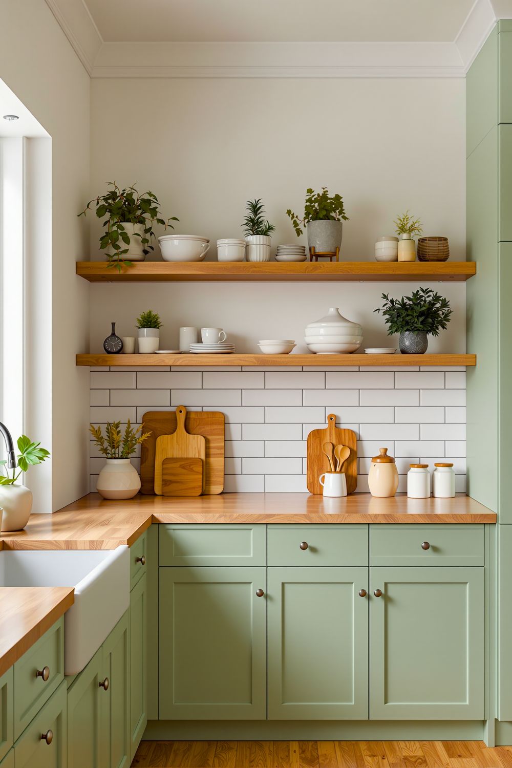 (Image: A beautiful kitchen featuring sage green lower cabinets and open wood shelving above. Created by Ruby Nguyen via AI)