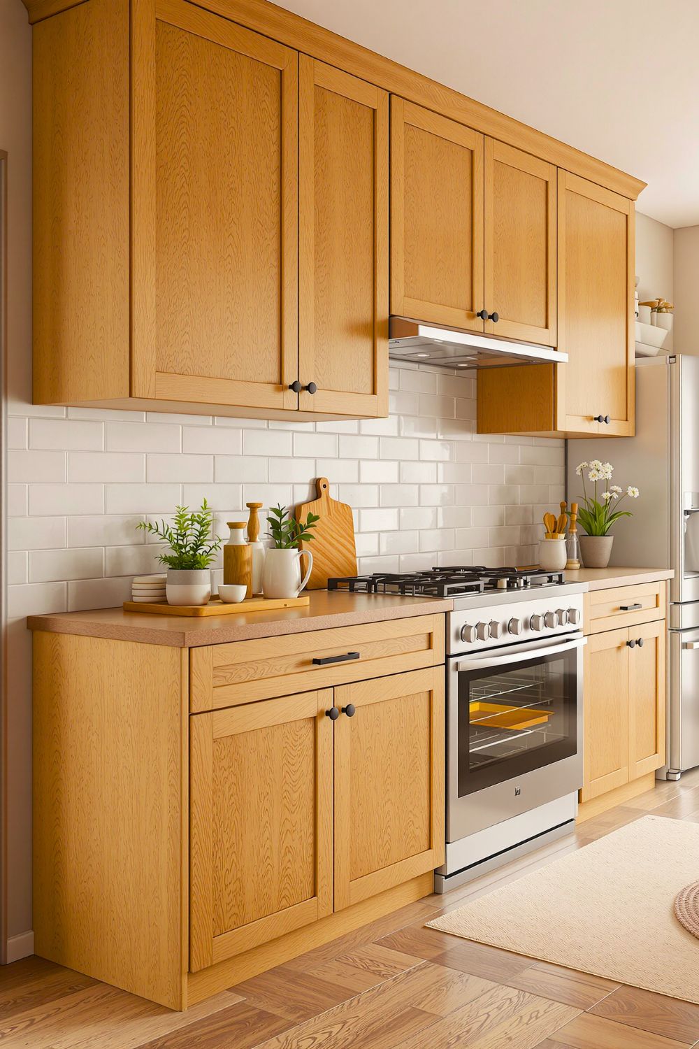 (Image: A kitchen concept with cabinets made from light oak for a simple, modern look. Created by Ruby Nguyen via AI)