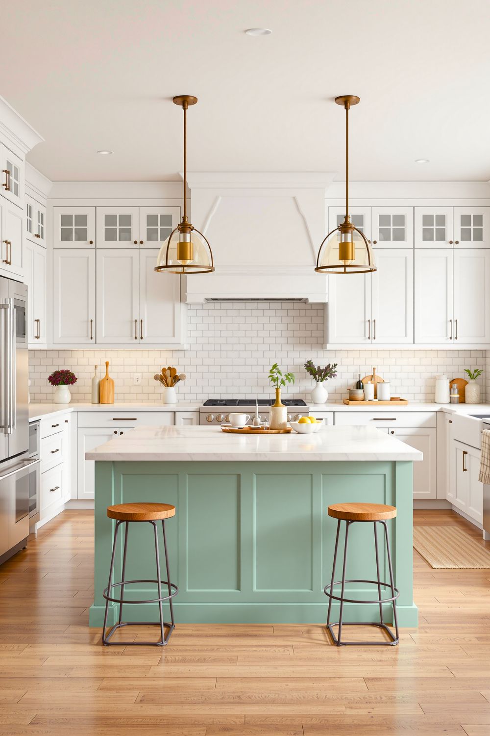 (Image: A white kitchen concept with a large, mint-green island at its center. Created by Ruby Nguyen via AI)
