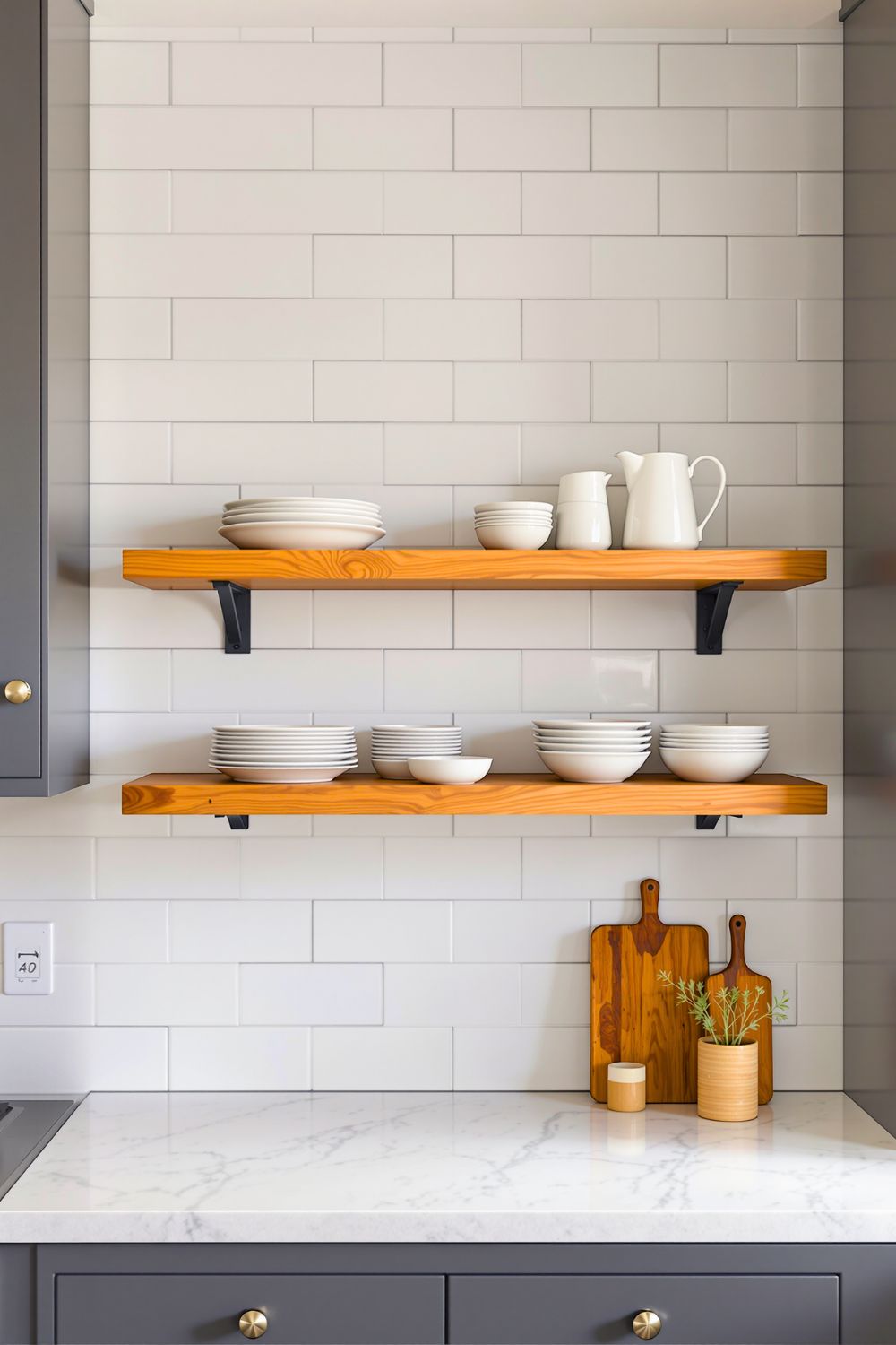(Image: A kitchen corner with two floating wood shelves against a tile wall, displaying simple ceramic dishes. Created by Ruby Nguyen via AI)