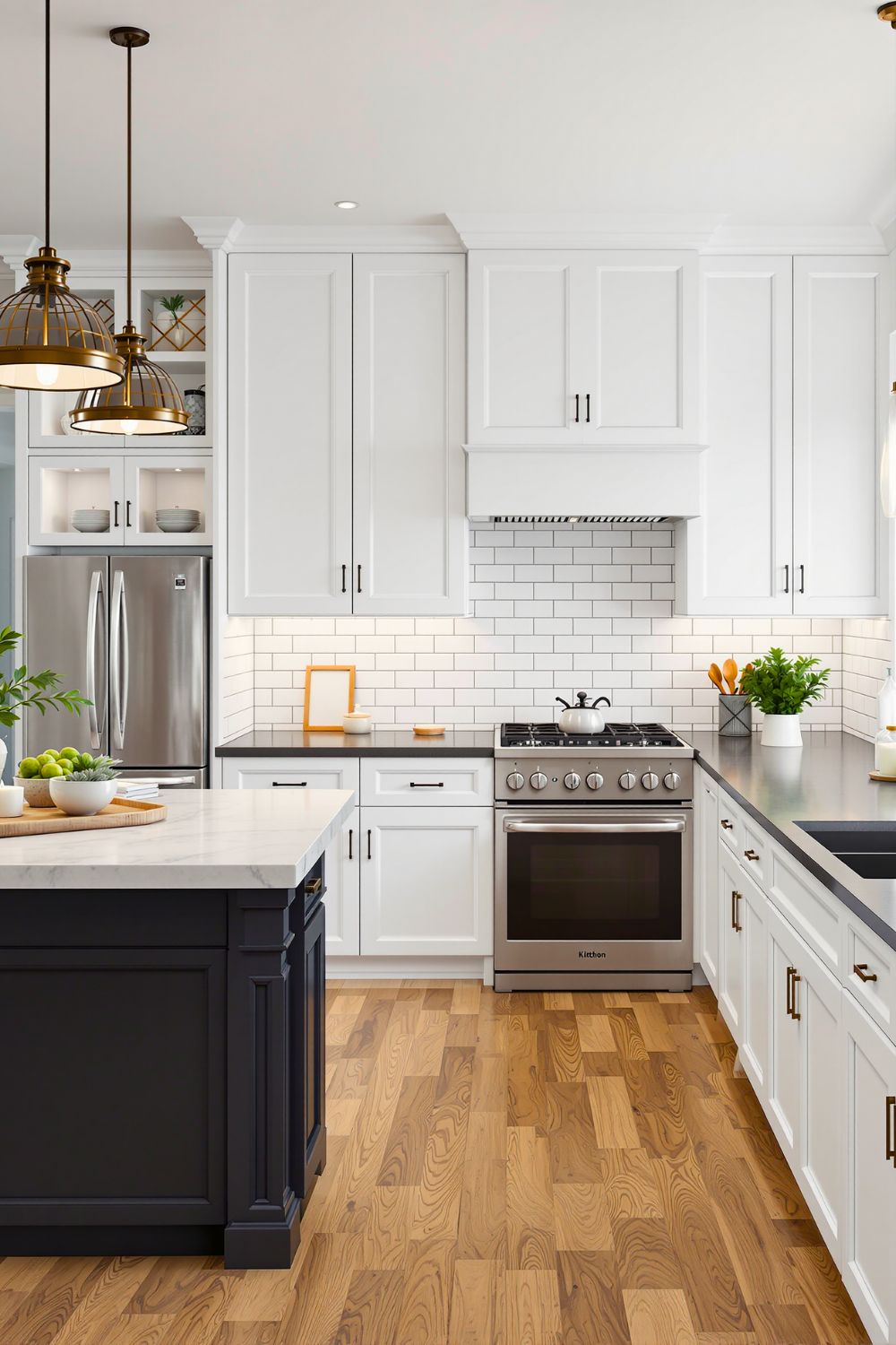 (Image: Crisp White with Dark Countertops. Created by Ruby Nguyen via AI)