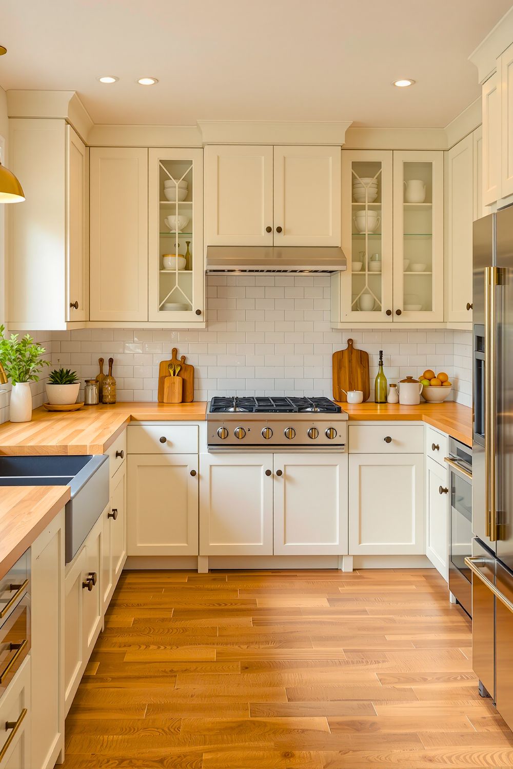 (Image: Warm Creamy White and Wood Countertops. Created by Ruby Nguyen via AI)